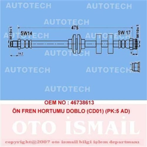 AUTOTECH TD01 Fren Hortumu Ön Doblo 01- Strada 99- / Cargo Pk:5 Ad