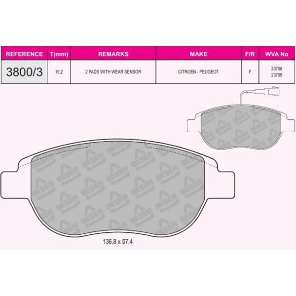 BESER 3800-3 Fren Balatası Ön Çıft Fişli 500 L Linea 07- Doblo 10- Fiorino 09- Bravo II 07- 1.4 T-Je 