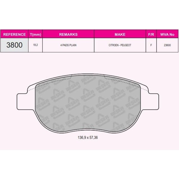 BESER 3800 Fren Balatası Ön 500 07- Linea 07- Doblo 01- / 207 06- 307 00- 1007 05- / Xsara 97- C3 I 