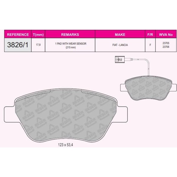 BESER 3826-1 Fren Balatası Ön Tek Fişli 500 07- Albea Linea 07- Doblo Cargo Fiorino 08- Bravo II 07- 