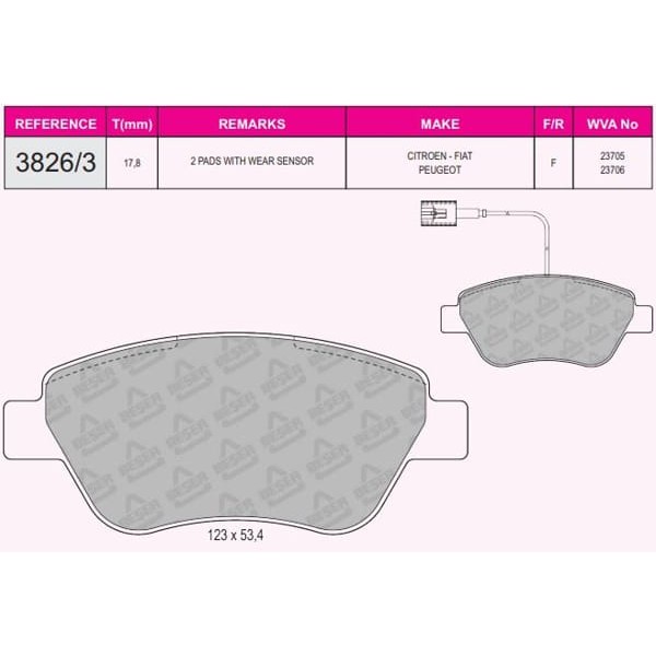 BESER 3826-3 Fren Balatası Ön Çıft Fişli Linea Fiorino 08- Qubo 08- Punto Evo 09- / Mıto 08- / Bippe 