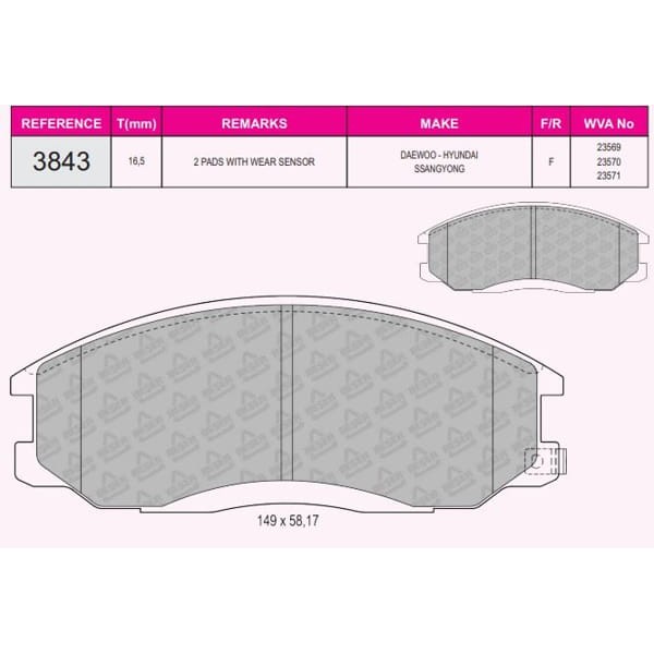 BESER 3843 Fren Balatası Ön Santafe 01- Starex 03-08 / Actyon 05- Kyron 05- 