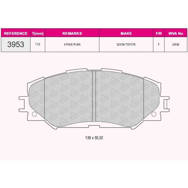 BESER 3953 Fren Balatası Ön Corolla 07-12 Benzinli Auris 07-12 Benzinli Urban Cruiser 09- / Trezıa 1 