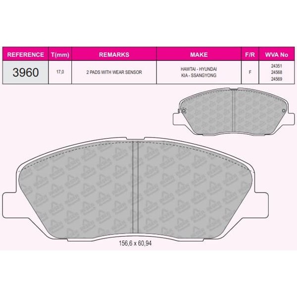 BESER 3960 Fren Balatası Ön Santafe 06- Santafe 12- / Sorento 10- / Actyon 12- Korando 10- 