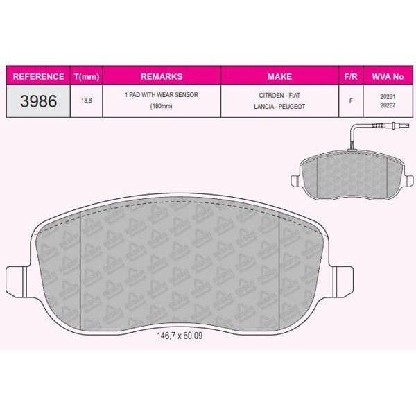BESER 3986 Fren Balatası Ön Ulysse 02- Scudo 96- / Phedra 02- / 807 02- Expert I 95- / C8 02- Jumpy 