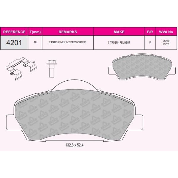 BESER 4201 Fren Balatası Ön P301-C Elysee Eb21,2Vtı 12V / Ec51,6Vtı 16V P308 II 2013- Mando Tipi 