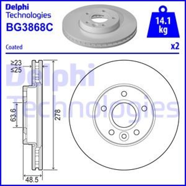 DELPHI BG3868C Fren Diski Ön (5D 278Mm) Focus II-III C-Max S40 V50 04-