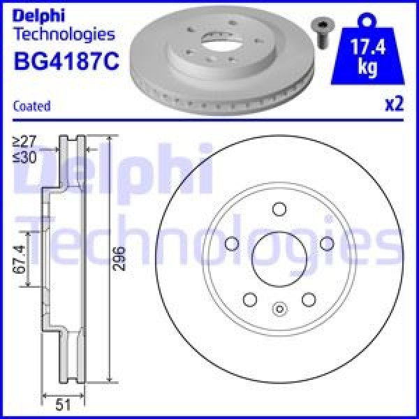 DELPHI BG4187C Ön Fren Aynası Opel Insignia 1.6-1.6T-1.8-2.0 Cdti-1.4 08- (296×30×67.4×51×5Dlxhavalı