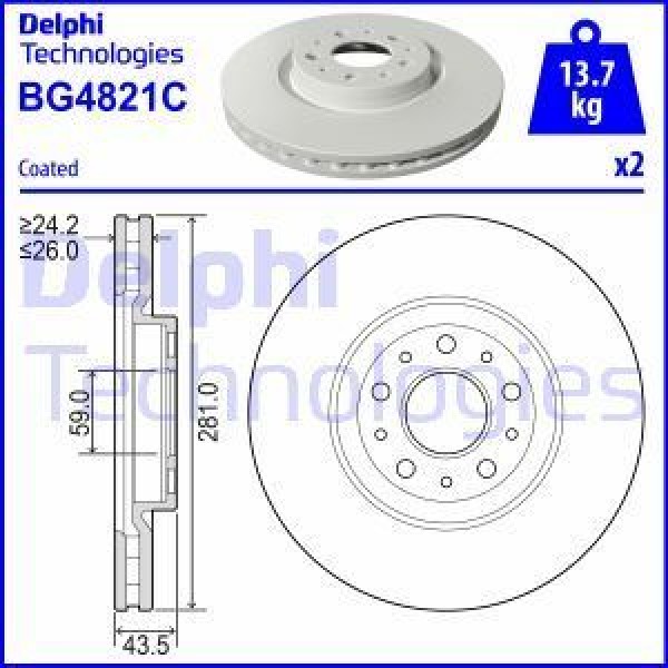 DELPHI BG4821C Ön Fren Aynası Egea 15-(281×59.02×5Xhvl) 