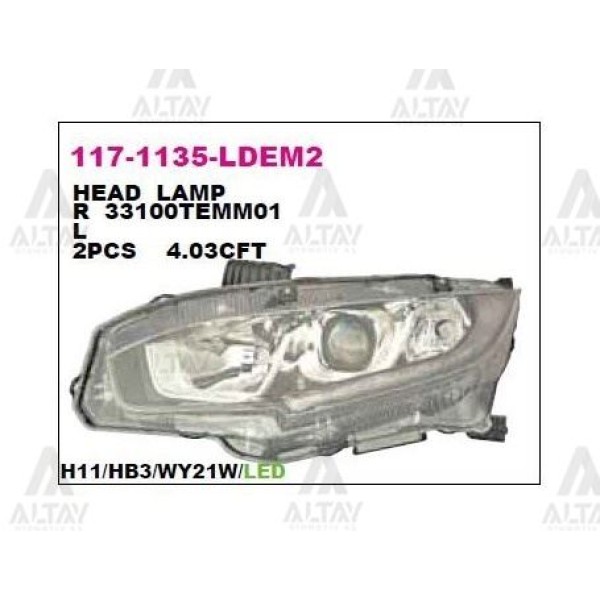 DEPO 1171135LLDEM2 Ön Far Sol Honda Civic 16-Siyah Motoru Uzerınde Ledli