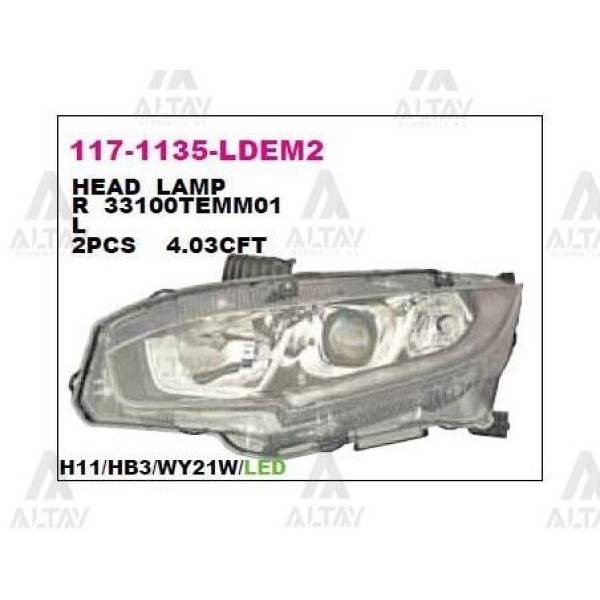 DEPO 1171135RLDEM2 Ön Far Sağ Honda Civic 16-Siyah Motoru Uzerınde Ledli