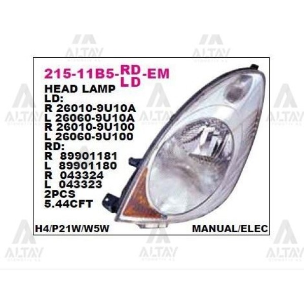 DEPO 215-11B5L-LD-EM Ön Far Sol Nissan Note 06-09 
