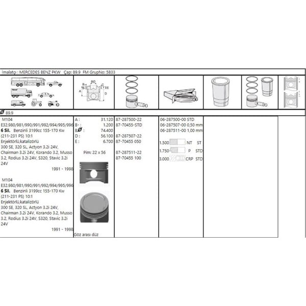 GOETZE ISS 87-70455-STD Piston Segman W140 202 210 91-98 