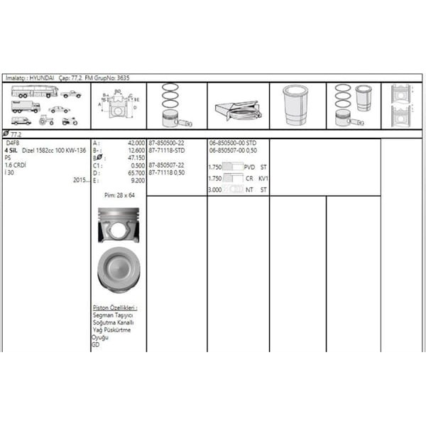 GOETZE ISS 87-71118-STD Piston Segman Accent Blue - I30 - Cerato 1.6 D4Fb CRDI 77.20Mm Std 2015 - 