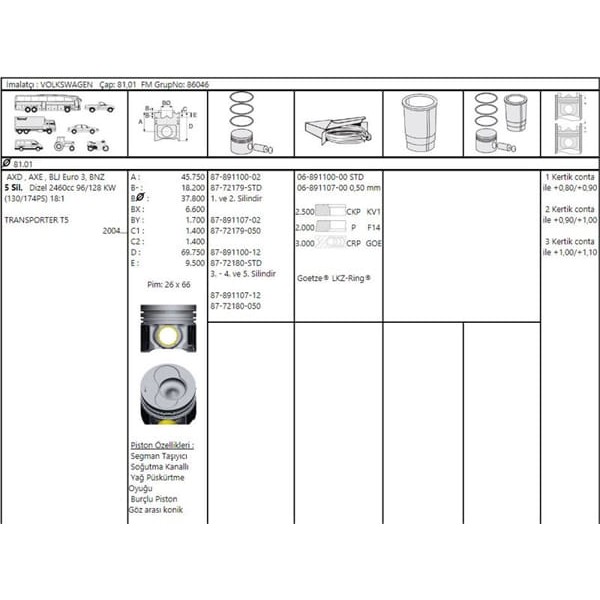GOETZE ISS 87-72180-50 Piston Segman 0.50 Transporter T5 2.5 TDI Axd Axe 3. 4. 5. Silindir 81.50Mm