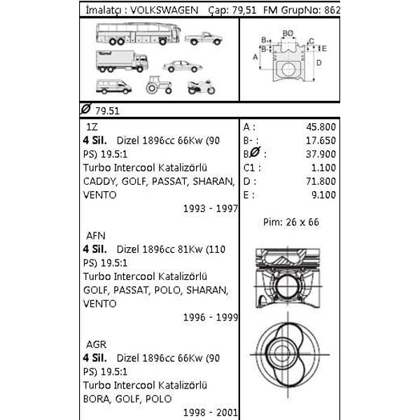 GOETZE ISS 87-72200-STD Piston Segman Std Passat 1.9 TDI 1Z Afn Agr 1. 2. Piston 79.51Mm