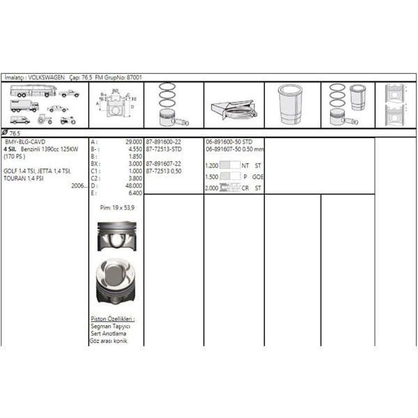 GOETZE ISS 87-72513-STD Piston Segman Std Golf V 1.4Tsı Bmy Blg 76.51Mm 