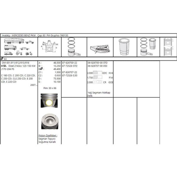 GOETZE ISS 87-72526-STD Piston Segman W204 212 Sprinter 09- 