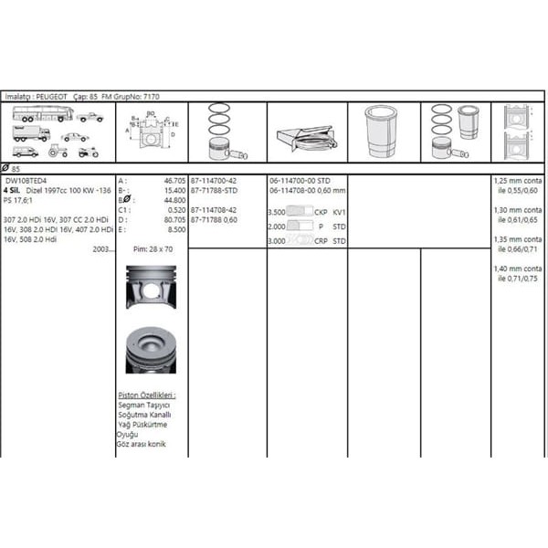 GOETZE ISS 8771788STD000G Piston Segman 85.00Mm Std P407-P307-Scudo III-Expert III-P308-P3008-P607-C