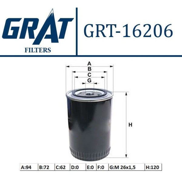 GRAT 16206 Yağ Filtresi Starex 97- 2.5TDCI H1 01- 2.5 CRDI H100 2.5Tcı / Bongo Sorento / L300 Kısa T