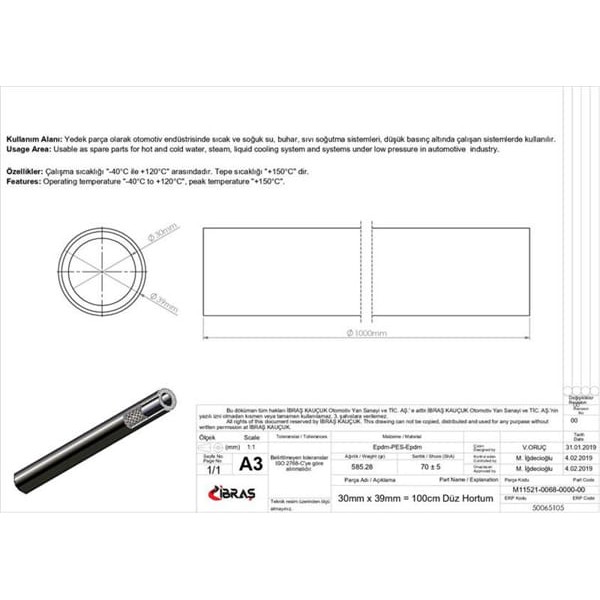 IBRAS 65105 Düz Hortum 30Mm Epdm