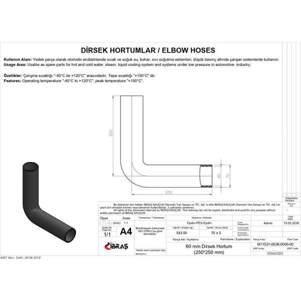 IBRAS 65325 60Mm X 70Mm 25Cm X 25Cm Dirsek Hortumu Sıcak Ve Soğuk Su Kullanımı İçin 