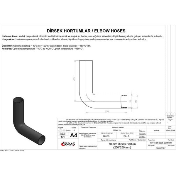 IBRAS 65327 70Mm X 80Mm 25Cm X 25Cm Dirsek Hortumu Polyester Kat Yok Sıcak Ve Soğuk Su Kullanımı İçi 