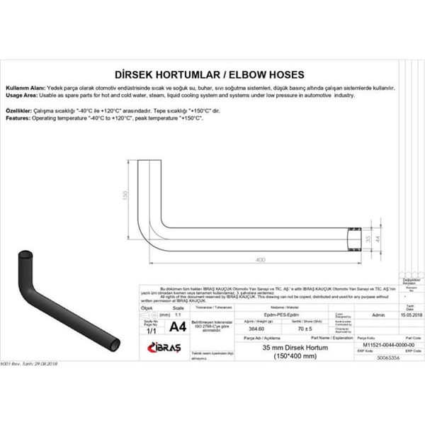 IBRAS 65356 Dirsek Hortumu Q 35Mm 15Cmx40Cm