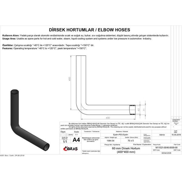 IBRAS 65358 Dirsek Hortumu Q 60Mm 40Cmx40Cm 