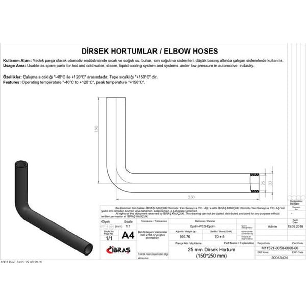 IBRAS 65404 Dirsek Hortumu Q 25Mm 15Cmx25Cm