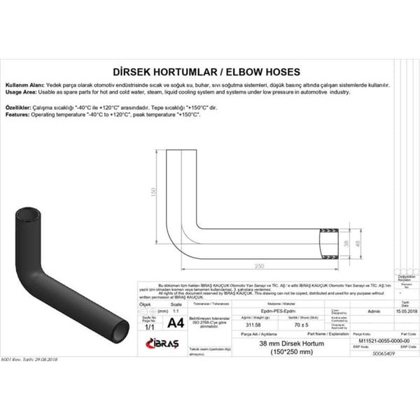 IBRAS 65409 Dirsek Hortumu Q 38Mm 15Cmx25Cm