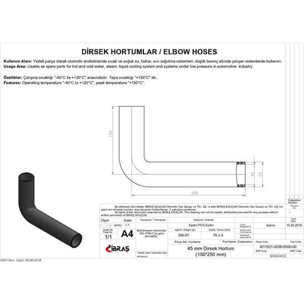 IBRAS 65412 Dirsek Hortumu Q 45Mm 15Cmx25Cm 