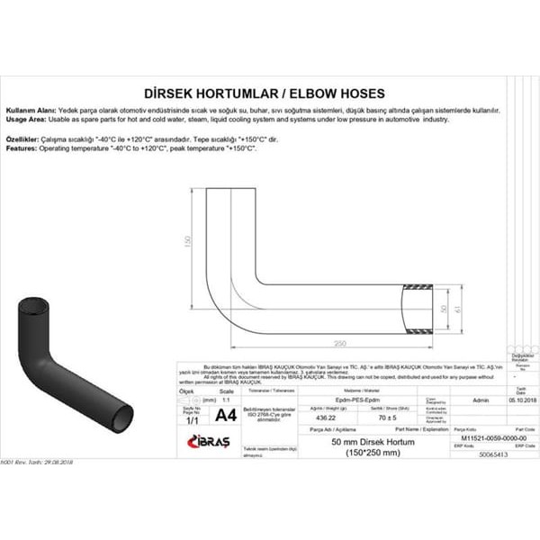 IBRAS 65413 Dirsek Hortumu Q 50Mm 15Cmx25Cm 