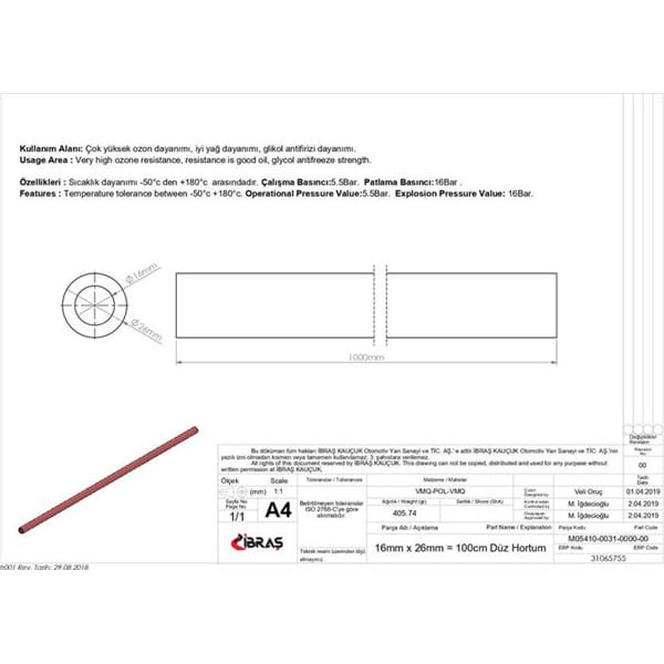 IBRAS 65755 Düz Hortum 16Mm Kırmızı Silikon 3 Kat Polyesyerlı