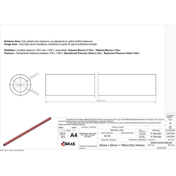 IBRAS 65758 Düz Hortum 22Mm Kırmızı Silikon 3 Kat Polyesyerlı