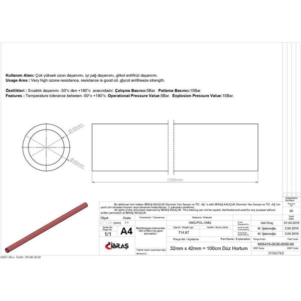 IBRAS 65762 3 Kat Polyesterli Silikon 32Mm Düz Hortum 1 Metre 
