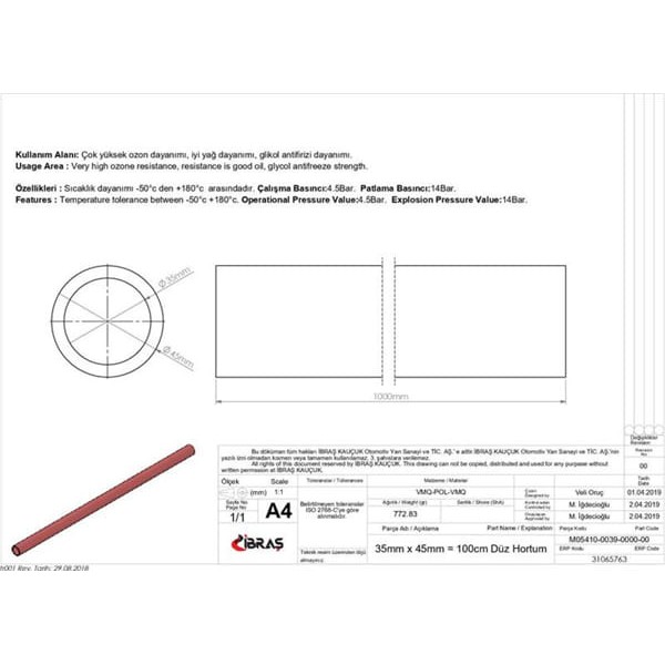 IBRAS 65763 3 Kat Polyesterli Silikon 35Mm Düz Hortum 1 Metre 