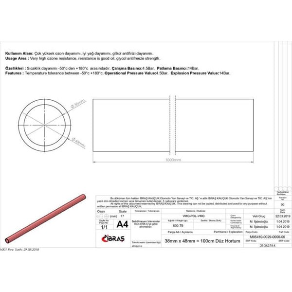 IBRAS 65764 3 Kat Polyesterli Silikon 38Mm Düz Hortum 1 Metre