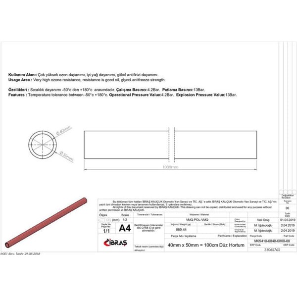 IBRAS 65765 3 Kat Polyesterli Silikon 40Mm Düz Hortum 1 Metre
