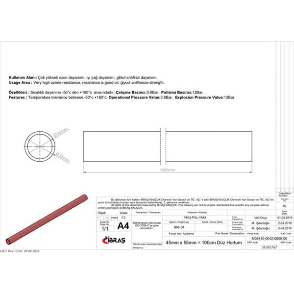 IBRAS 65767 3 Kat Polyesterli Silikon 45Mm Düz Hortum 1 Metre 