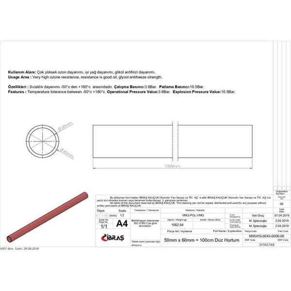 IBRAS 65768 Düz Hortum 50Mm Kırmızı Silikon 3 Kat Polyesyerlı