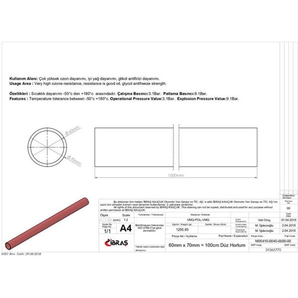 IBRAS 65770 Düz Hortum 60Mm Kırmızı Silikon 3 Kat Polyesyerlı