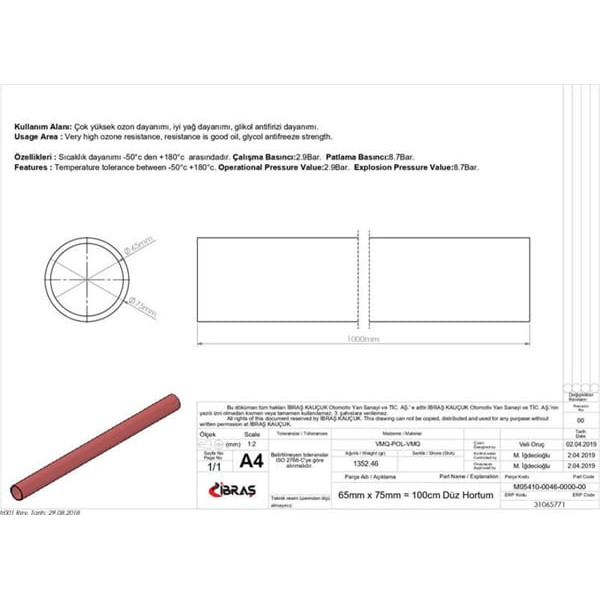 IBRAS 65771 Düz Hortum 65Mm Kırmızı Silikon 3 Kat Polyesyerlı