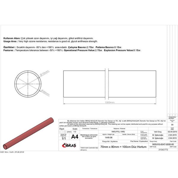 IBRAS 65772 Düz Hortum 70Mm Kırmızı Silikon 4 Kat Polyesyerlı