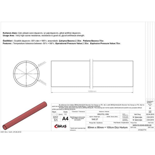 IBRAS 65774 Düz Hortum 80Mm Kırmızı Silikon 4 Kat Polyesyerlı