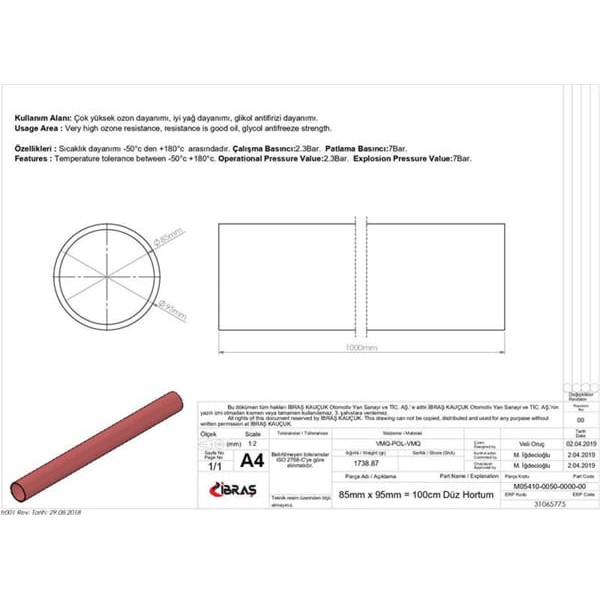 IBRAS 65775 Düz Hortum 4 Kat Polyesterli Silikon 85Mm 1 Metre