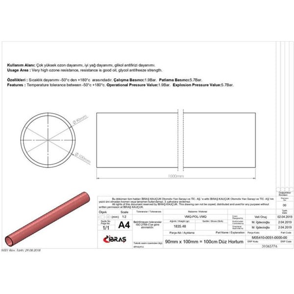 IBRAS 65776 Düz Hortum 90Mm Kırmızı Silikon 4 Kat Polyesyerlı