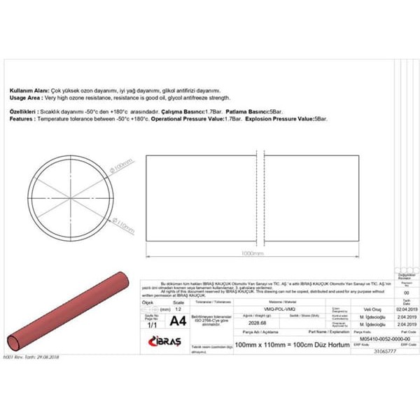 IBRAS 65777 Düz Hortum 100Mm Kırmızı Silikon 4 Kat Polyesyerlı 