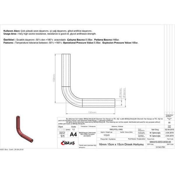 IBRAS 65780 3 Kat Polyesterli Silikon Q 16Mm 15Cm X 15Cm Dirsek Hortumu