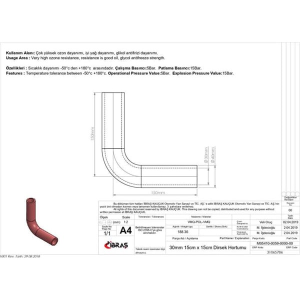IBRAS 65786 3 Kat Polyesterli Silikon Q 30Mm 15Cm X 15Cm Dirsek Hortumu 